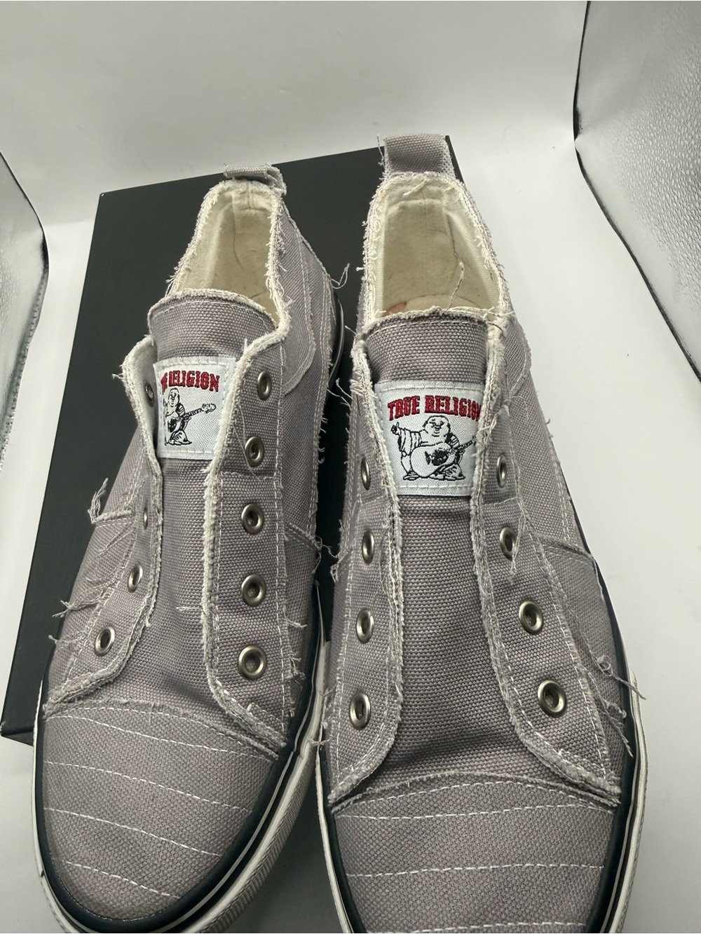True Religion Men's Light Gray Frayed Canvas Slip-On Sneakers